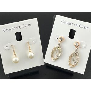 Charter Club 2-Piece Gold/Silver Crystal Rhinestone & Pearl Drop Earrings NWT
